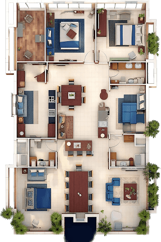 Modern two-bedroom apartment floor plan with open living, dining, kitchen, and bathroom layout